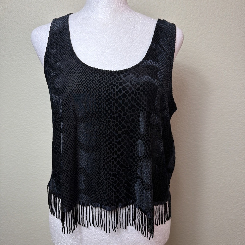 ASTR the Label Top Womens S Black Velvet Burnout Python Snake Print Fringe Tank